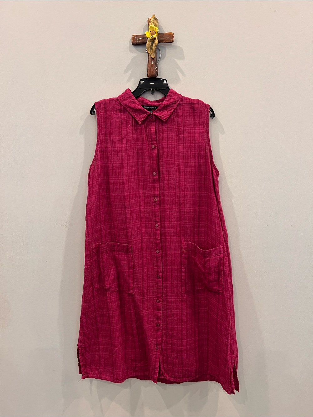 Eileen Fisher Sleeveless Button-Front organic linen button down dress in fuschia